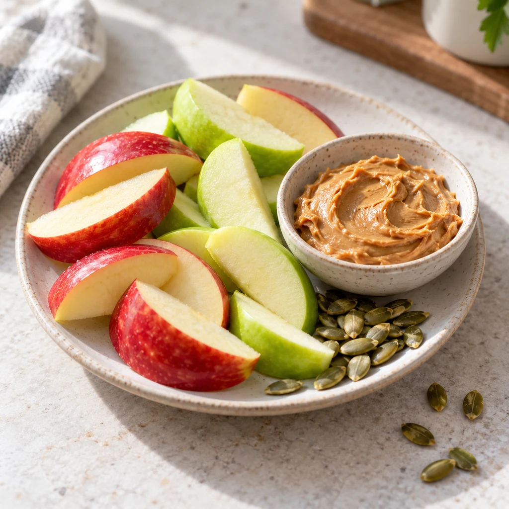 Red and green apple slices with natural peanut butter and pumpkin seeds