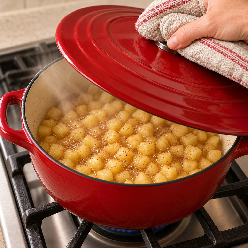 Finely diced apples simmering under the lid of a red enamel saucepan