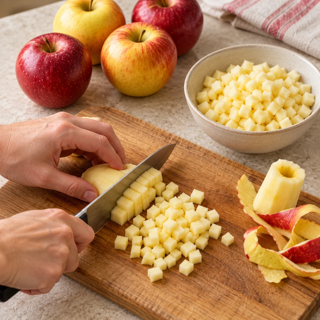 Peeled and cored apples being cut into small even quarter-inch cubes
