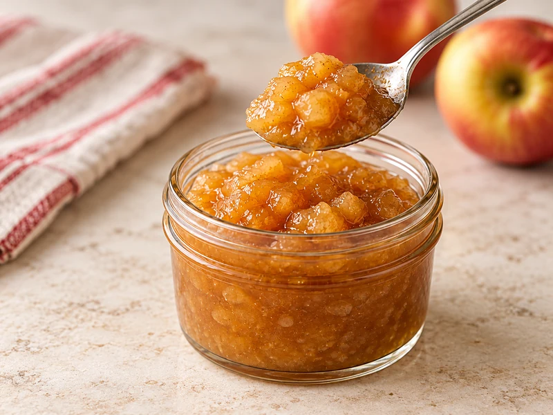 Finished no-added-sugar apple pie jam with soft apple pieces in a glass jar and a spoon