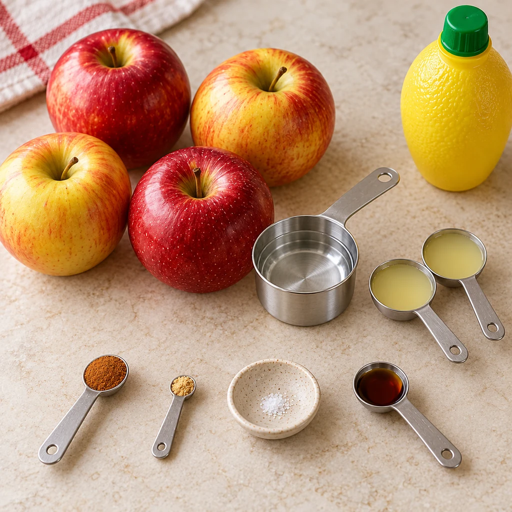 Four apples with measured water, bottled lemon juice, cinnamon, ginger, salt, and vanilla for a small batch of jam