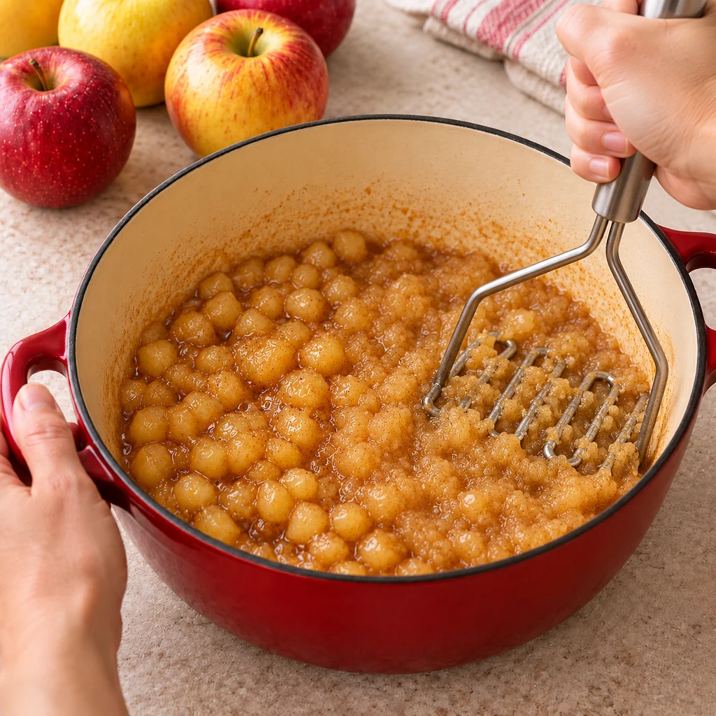 Potato masher crushing part of the cooked apple mixture while some pieces remain