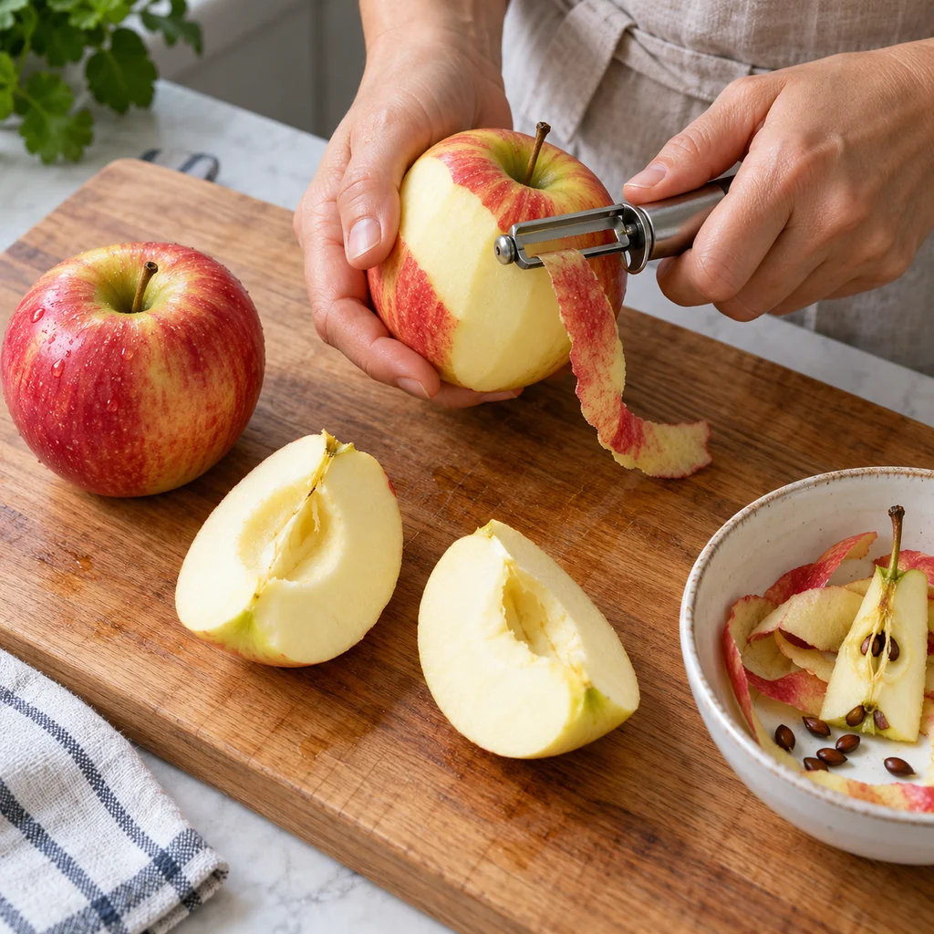 Washed apple being peeled beside quarters with cores and seeds removed