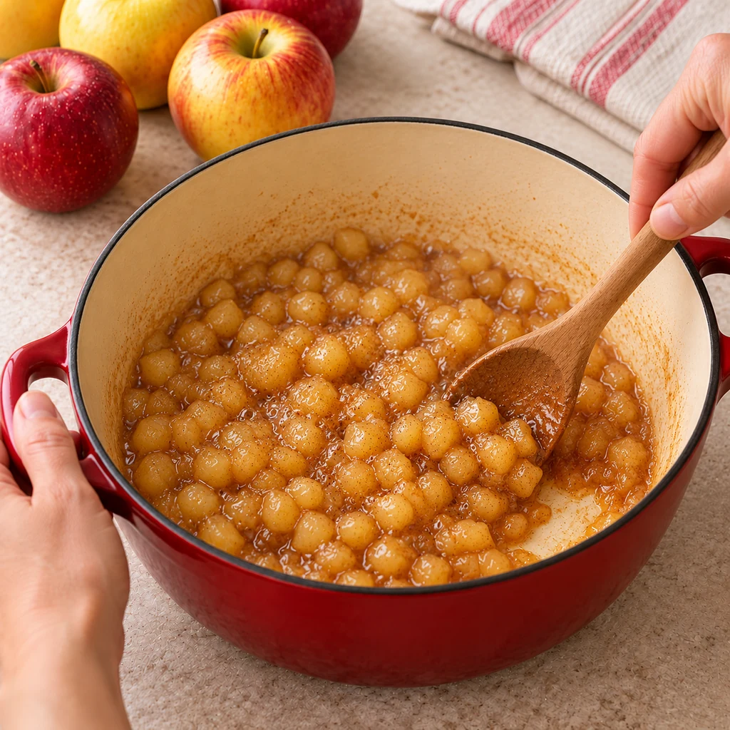 Tender small apple cubes thickening while a wooden spoon stirs the uncovered saucepan
