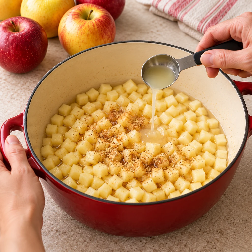 Lemon juice being added to finely diced apples and spices in a red enamel saucepan