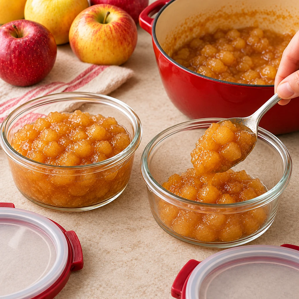 Finished apple jam transferred into clean shallow glass containers for refrigeration