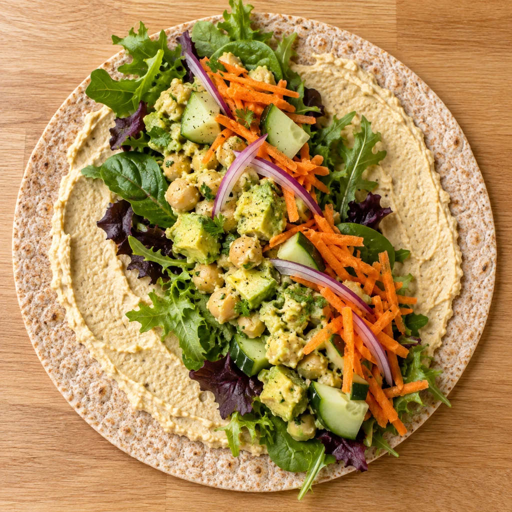 Whole-wheat tortilla layered with hummus, greens, avocado chickpea filling and vegetables