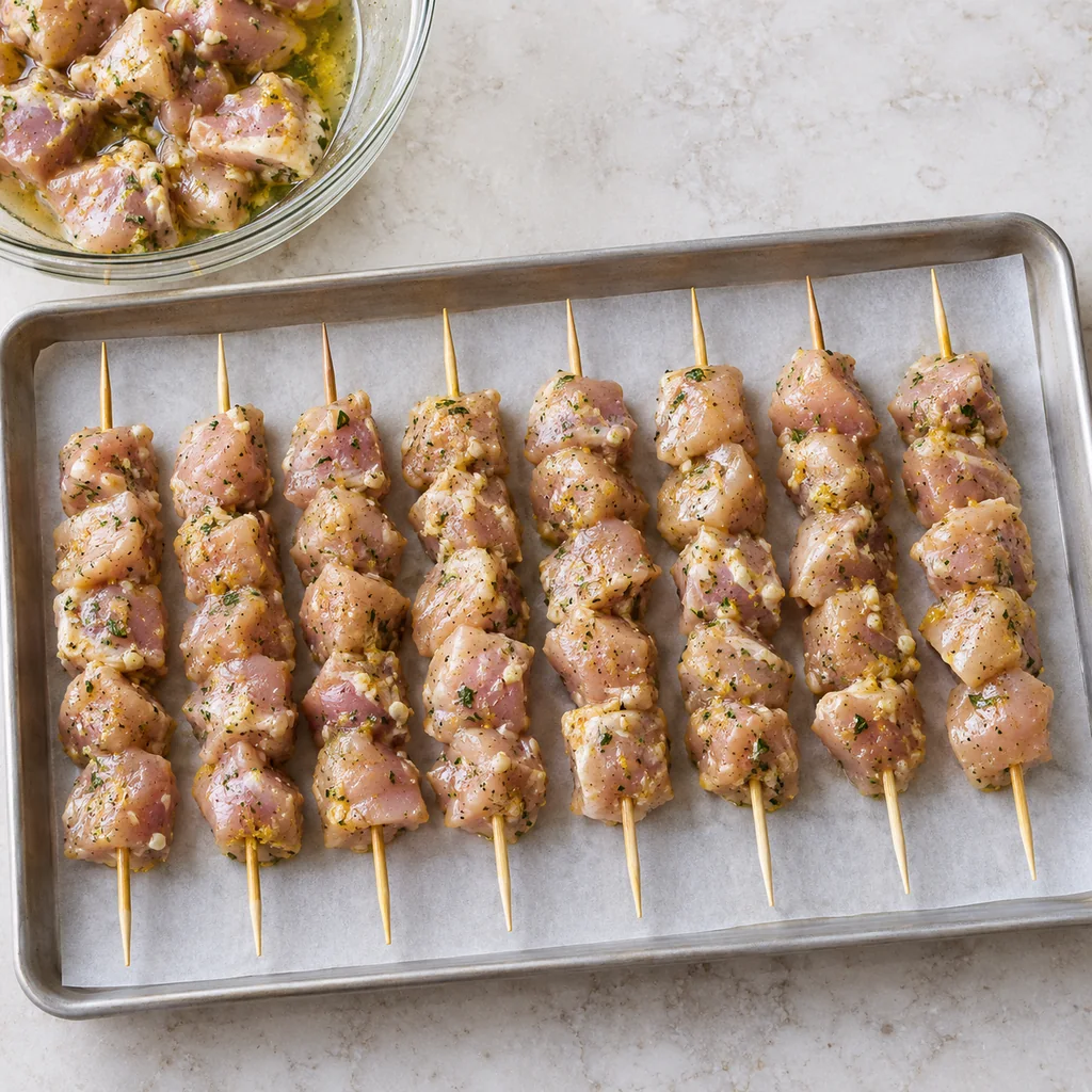 Raw marinated chicken thigh pieces threaded evenly onto wooden skewers