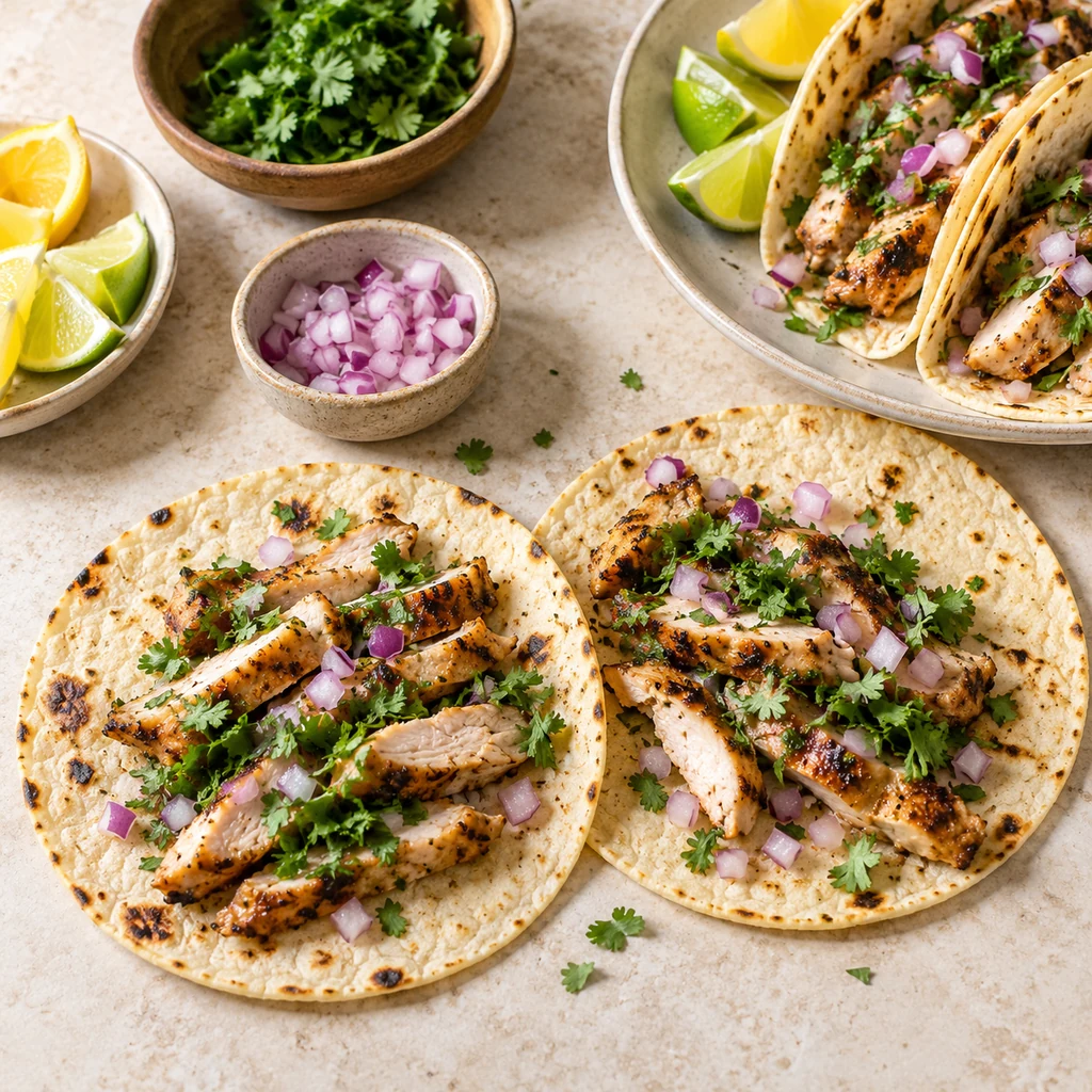 Warm tortillas filled with grilled lemon garlic chicken, red onion and cilantro