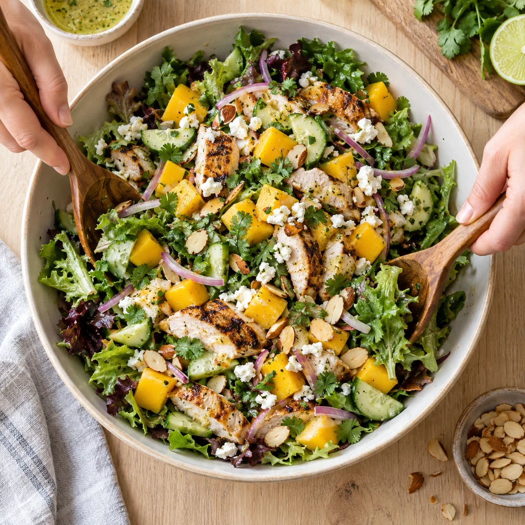 Grilled chicken mango salad being tossed with feta, almonds and lime dressing