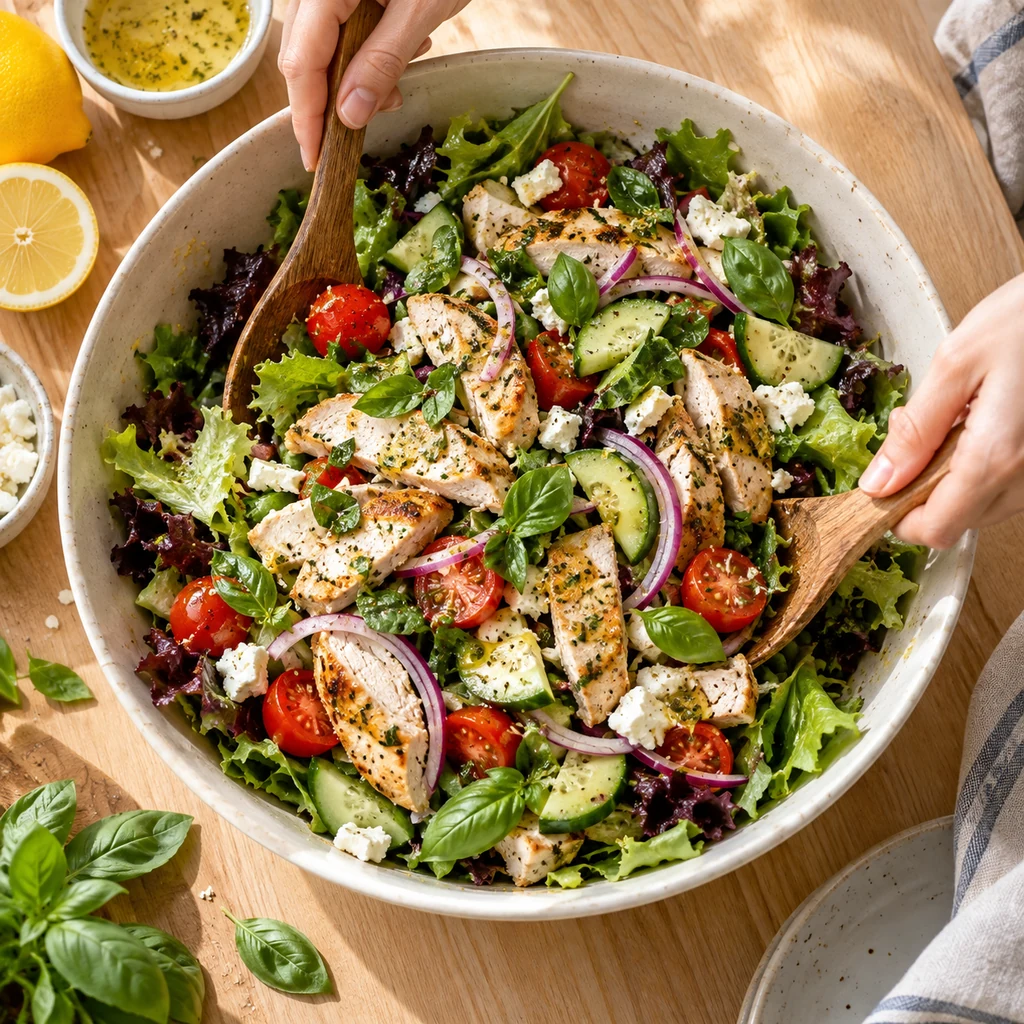Lemon basil chicken salad being tossed with vegetables, feta and vinaigrette