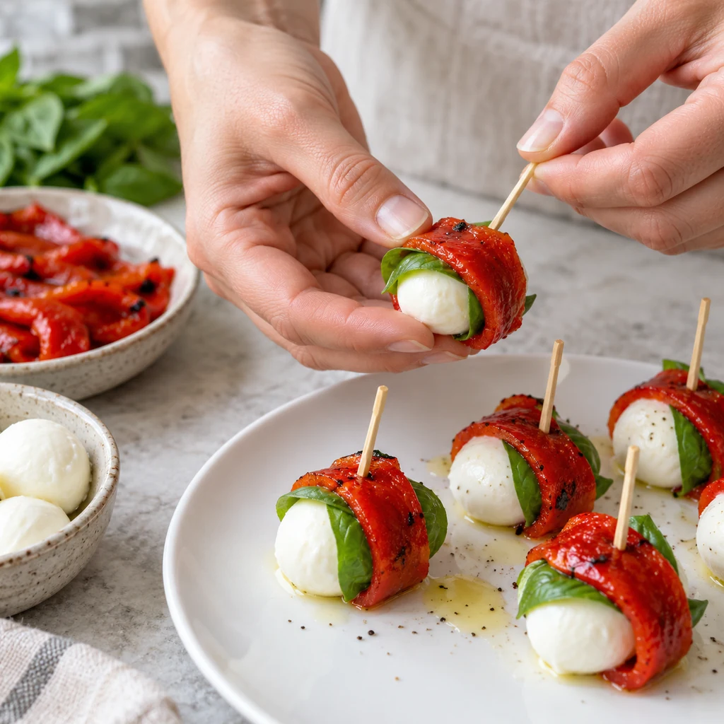 Hands wrapping roasted red pepper and basil around a mozzarella ball with a wooden pick