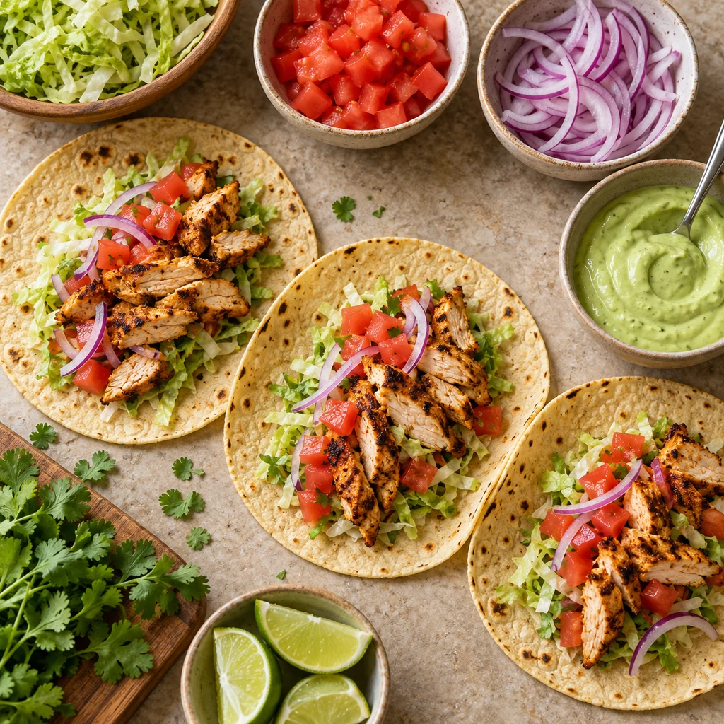 Warm tortillas being filled with lettuce, tomato, red onion and sliced spicy chicken