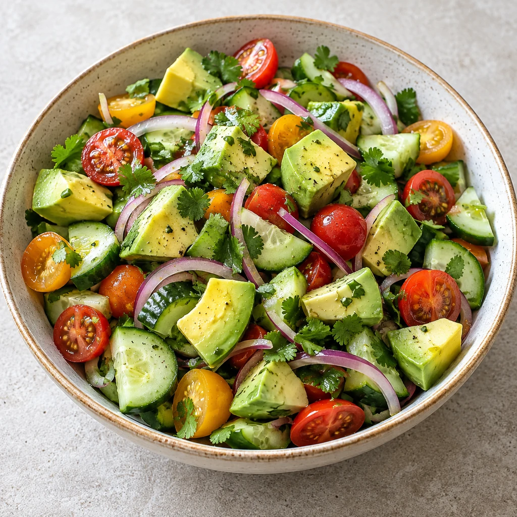 Fresh avocado salad assembled with cucumber, tomatoes, red onion and cilantro in a wide ceramic bowl