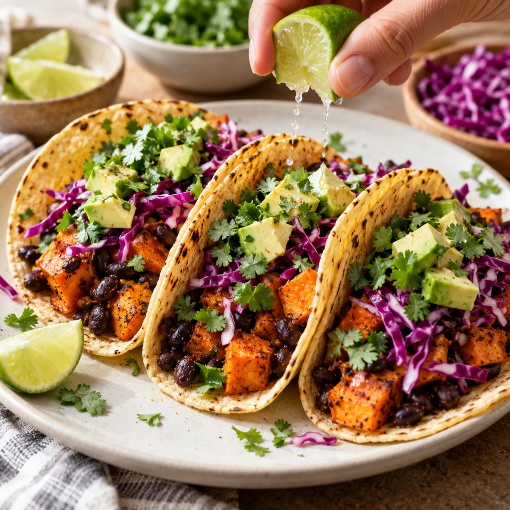 Sweet potato and black bean tacos topped with cabbage, avocado, cilantro and lime