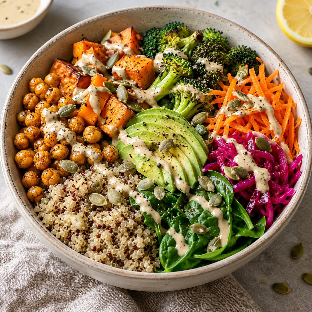 Ultimate vegan Buddha bowl assembled with quinoa, roasted chickpeas, sweet potato, vegetables, avocado and tahini dressing