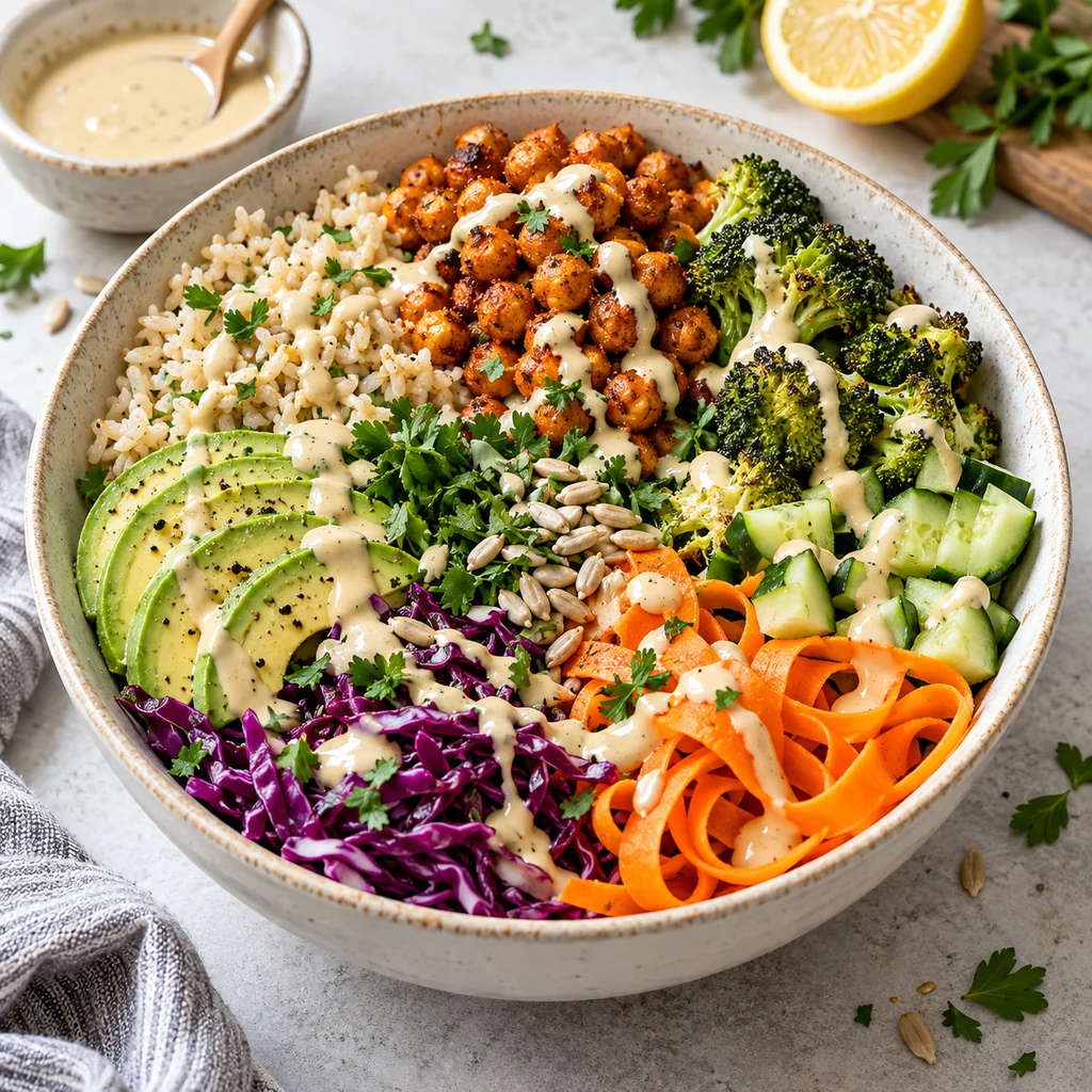 Vegan nourish bowl assembled with brown rice, roasted chickpeas, broccoli, cucumber, carrots, cabbage, avocado and tahini dressing