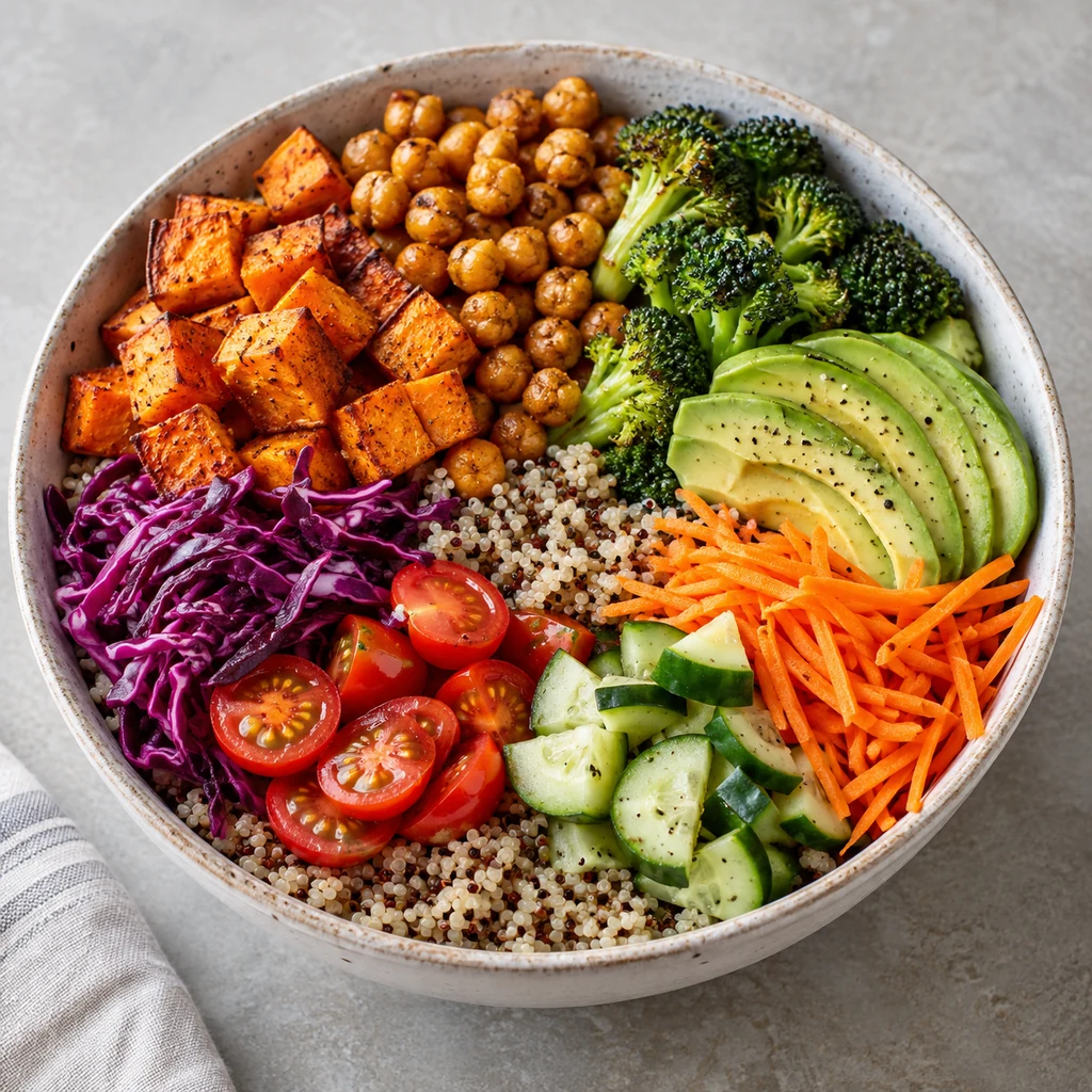 Veggie Buddha bowl assembled with quinoa, roasted vegetables, chickpeas, avocado and colorful fresh toppings