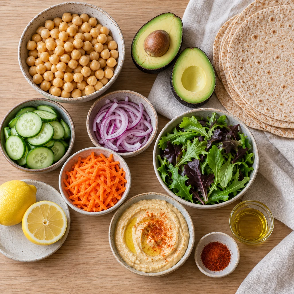 Chickpeas, avocado, tortillas, vegetables, hummus, lemon and seasonings arranged for wraps