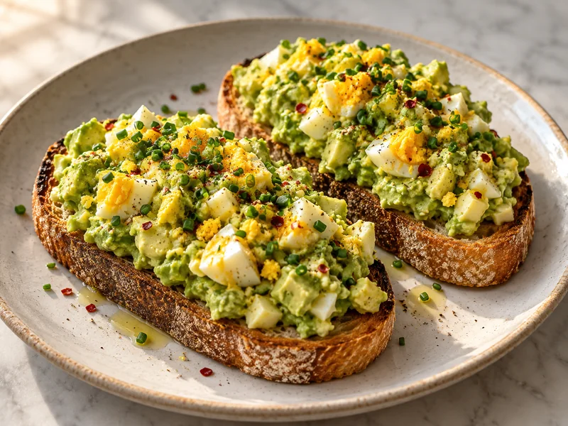 Two finished avocado egg salad toasts with chives and red pepper flakes on a pale plate