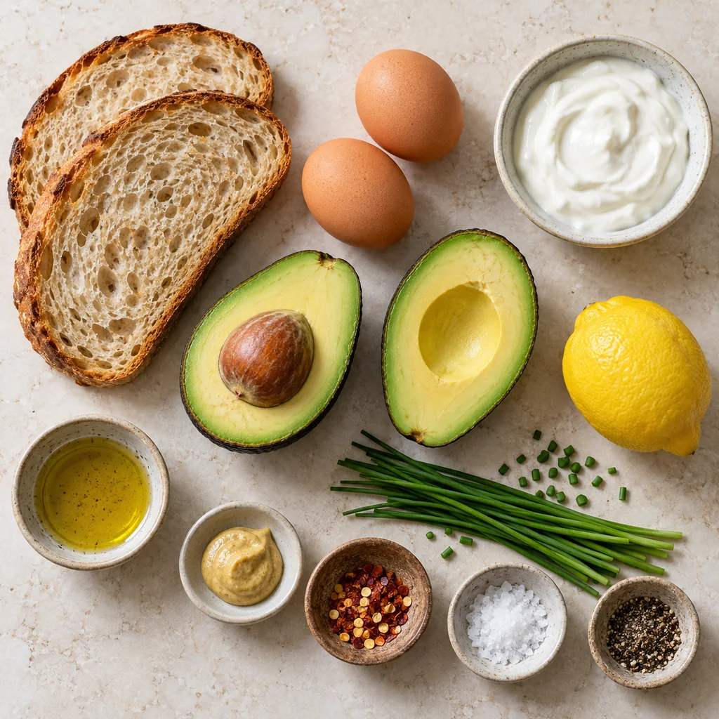 Two eggs, one halved avocado, two sourdough slices, yogurt, Dijon, lemon, chives, pepper flakes, olive oil, salt and pepper