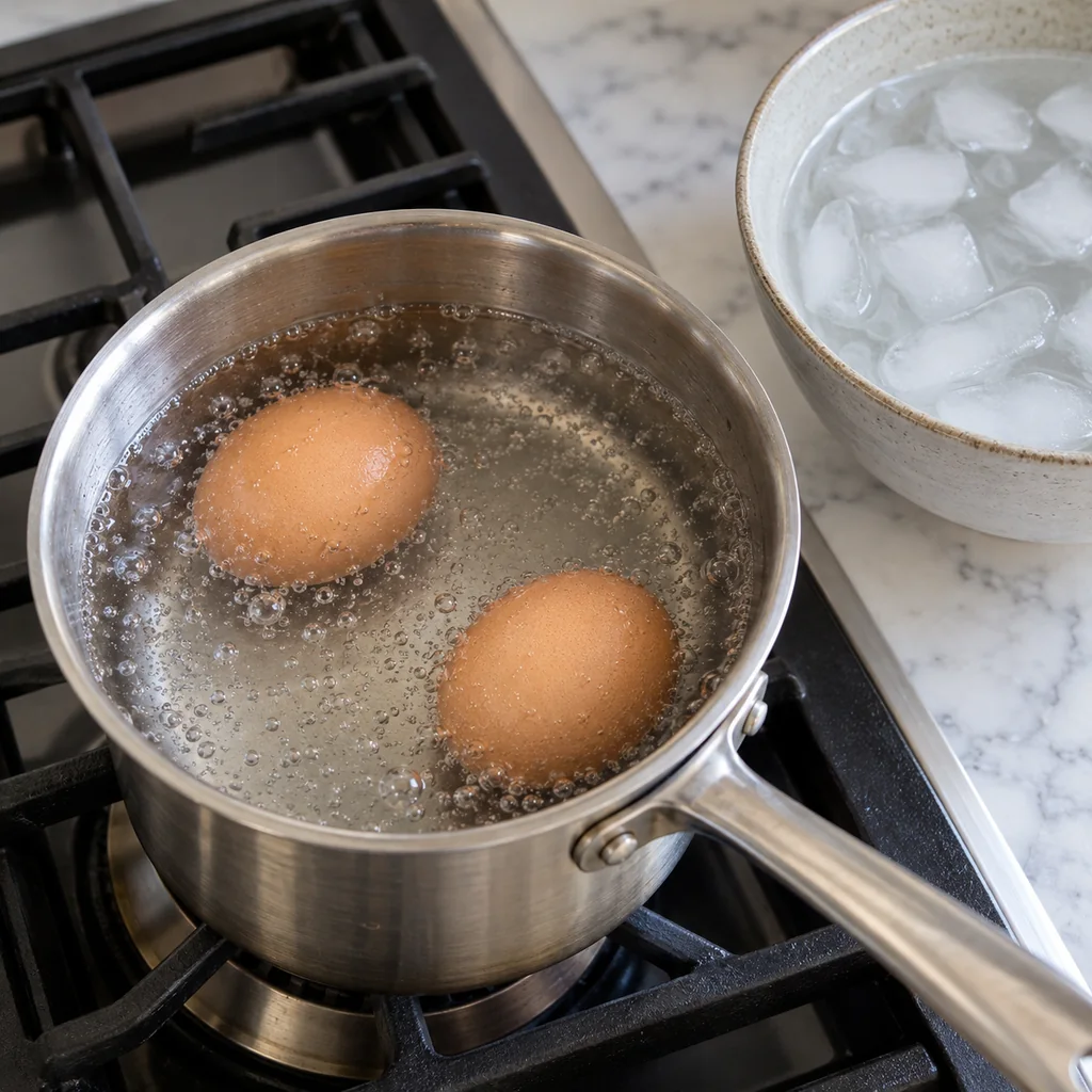 Two whole eggs simmering in a stainless steel saucepan beside a bowl of ice water