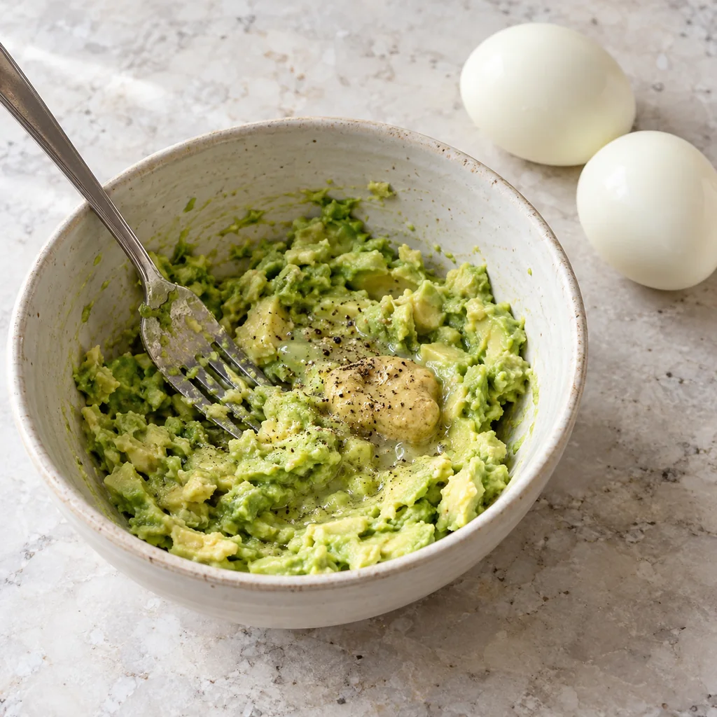 Fork mashing avocado with lemon juice and Dijon in a ceramic bowl while two peeled boiled eggs wait nearby