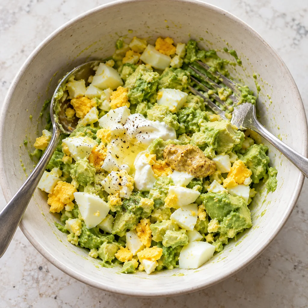 Chopped hard-boiled egg pieces folded into chunky mashed avocado with a little yogurt in a bowl