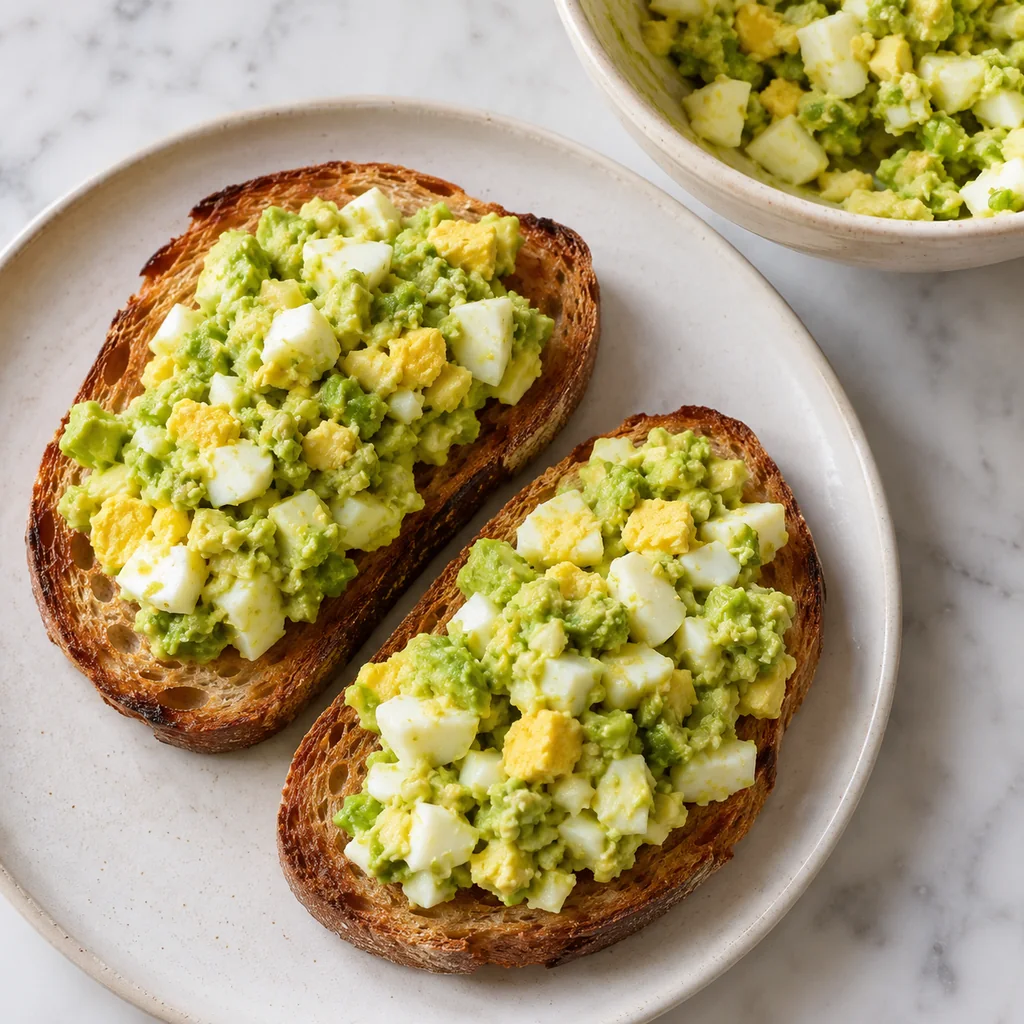 Two crisp sourdough slices topped with chunky avocado egg salad before garnishes are added