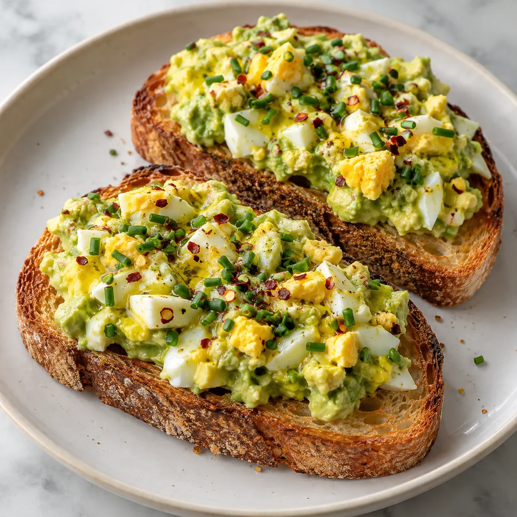 Two avocado egg salad toasts finished with chopped chives, red pepper flakes and a light olive oil sheen