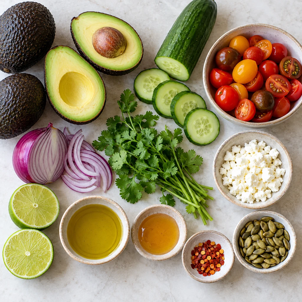 Avocados, cucumber, cherry tomatoes, red onion, cilantro, lime, olive oil, honey, feta and pumpkin seeds for summer salad