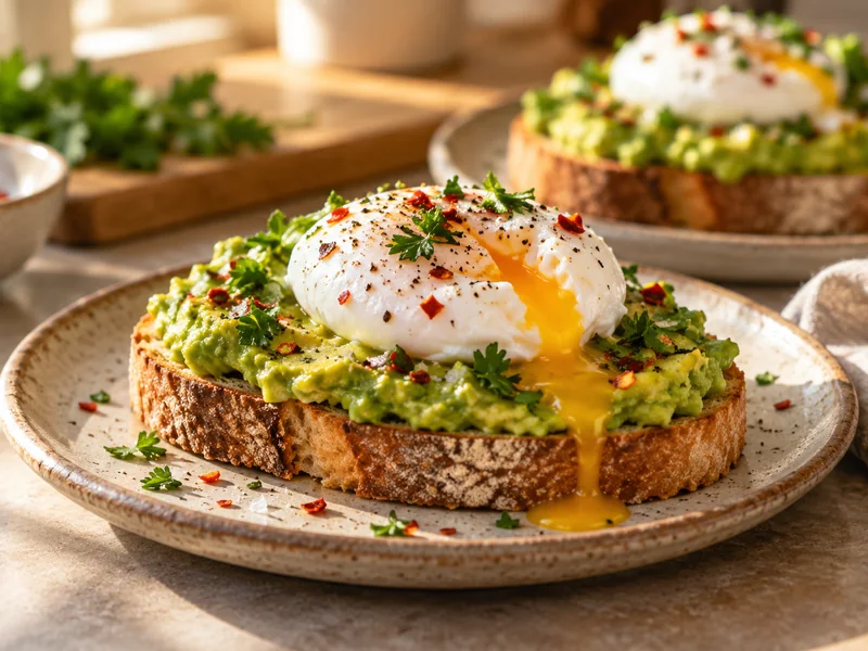 Finished avocado toast with poached egg, chili flakes and herbs on a plate