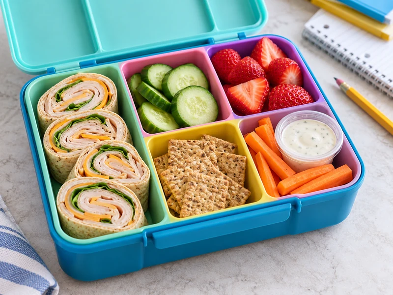 Open school lunchbox with pinwheels, vegetables, fruit and crackers