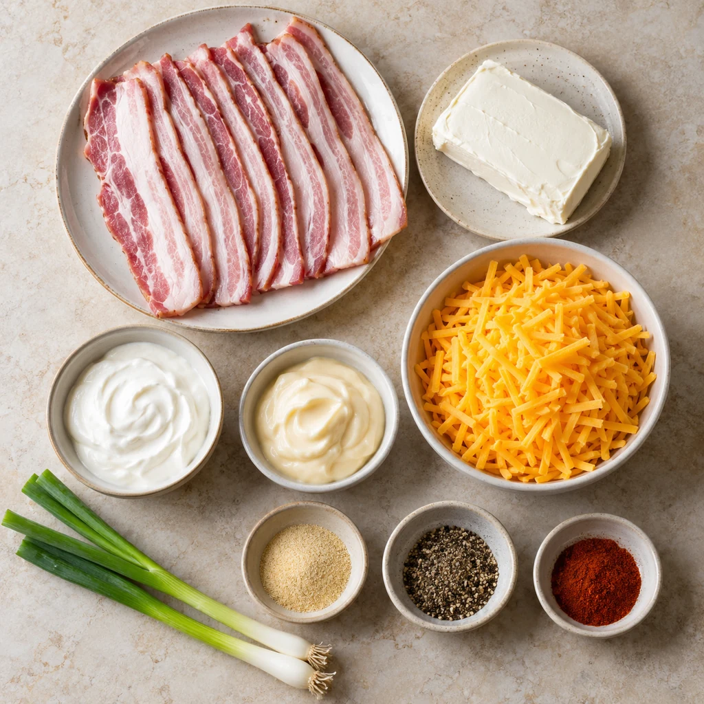 Bacon, cream cheese, cheddar, sour cream, mayonnaise, green onions, garlic powder, pepper and paprika