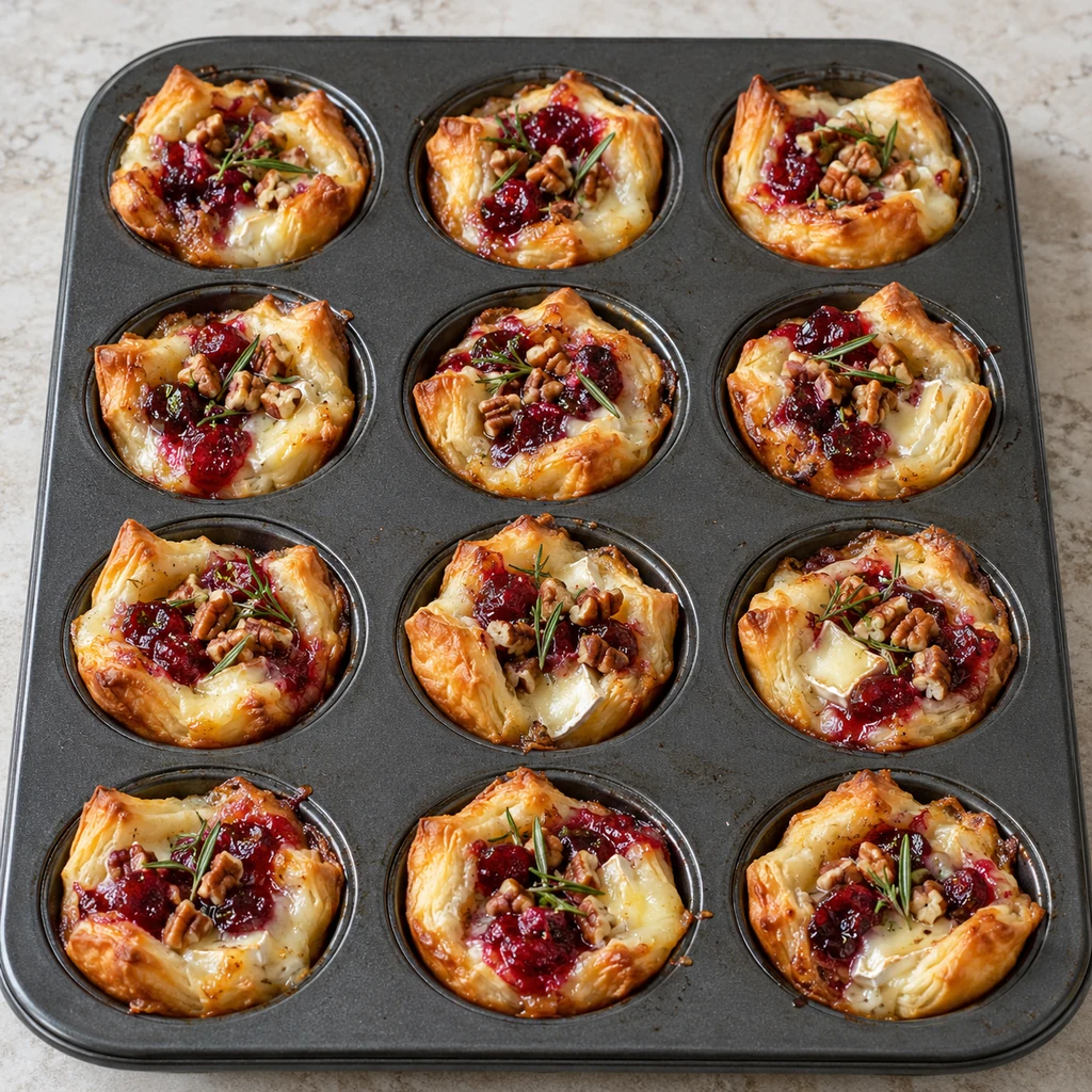 Twelve baked cranberry brie bites deeply golden and puffed in a mini muffin pan