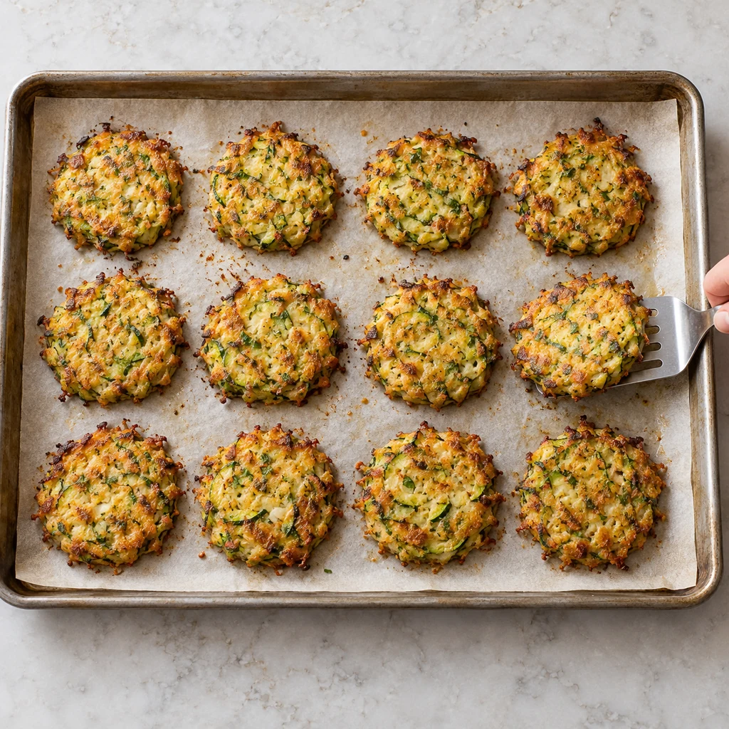 Golden baked zucchini fritters resting on a sheet pan after baking