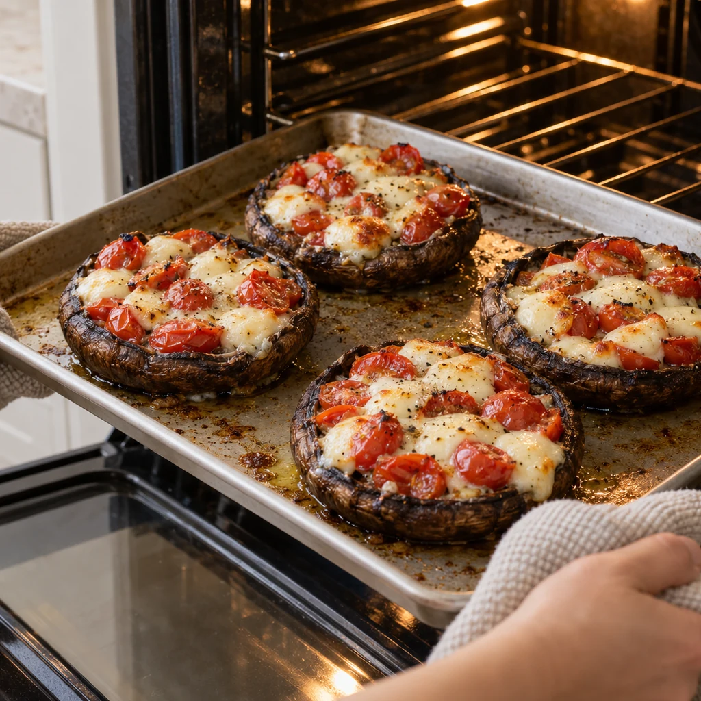 Stuffed portobello mushrooms baking on a tray with tender caps and melted mozzarella