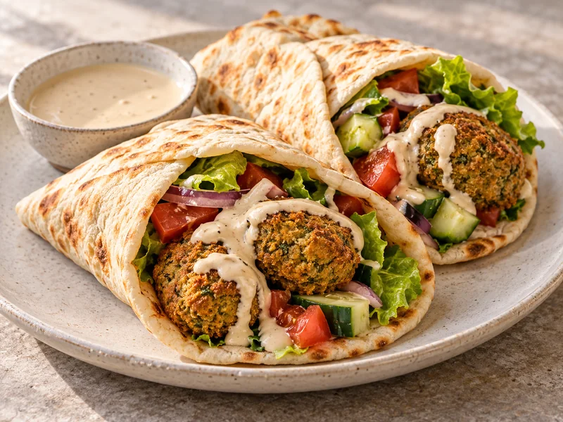 Finished baked falafel wraps with creamy tahini sauce and vegetables on a plate