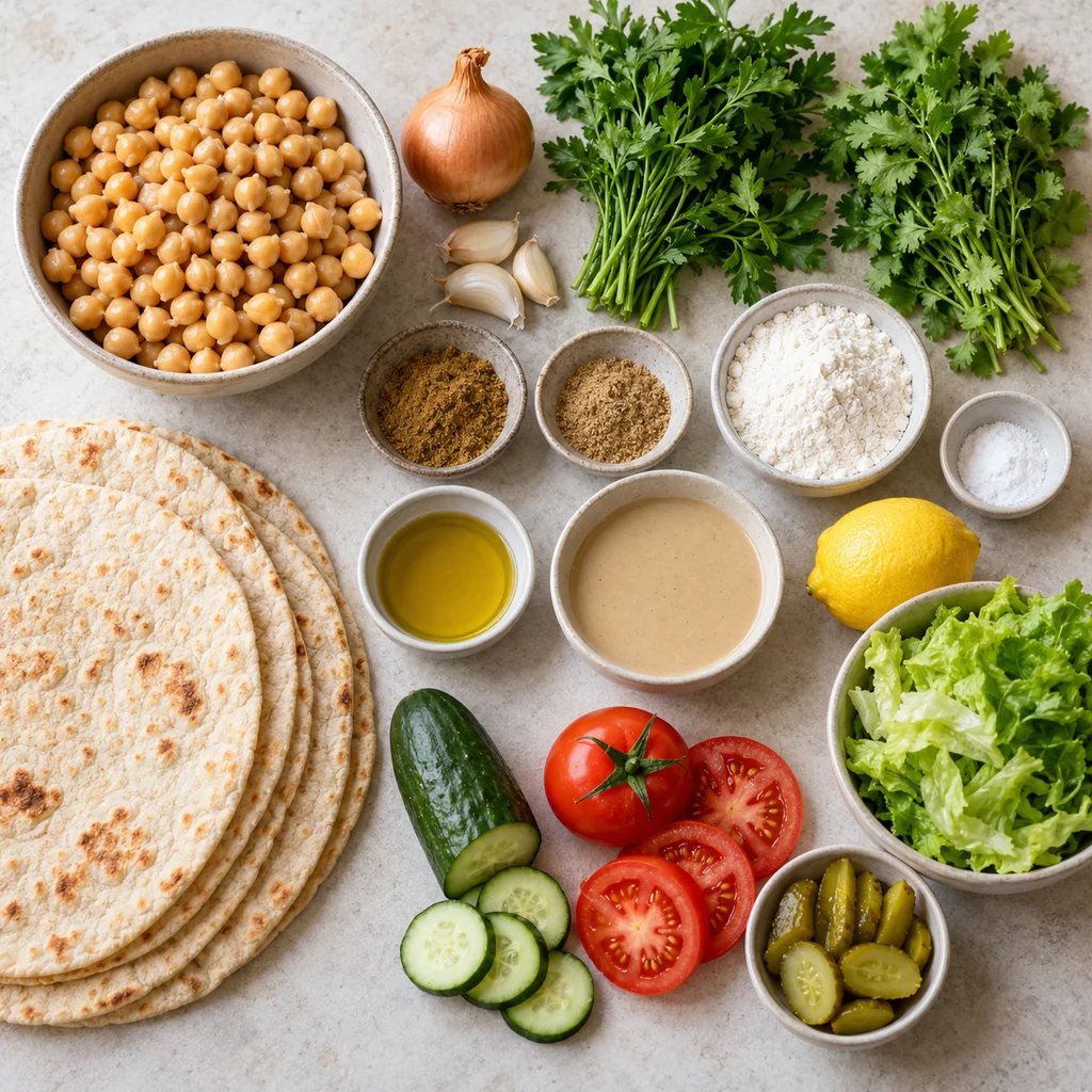Chickpeas, herbs, spices, tahini, lemon, flatbreads and fresh wrap vegetables arranged for baked falafel wraps
