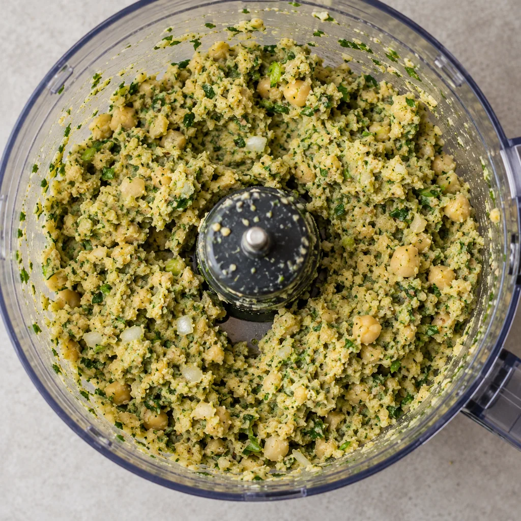 Coarse chickpea and herb falafel mixture in a food processor bowl