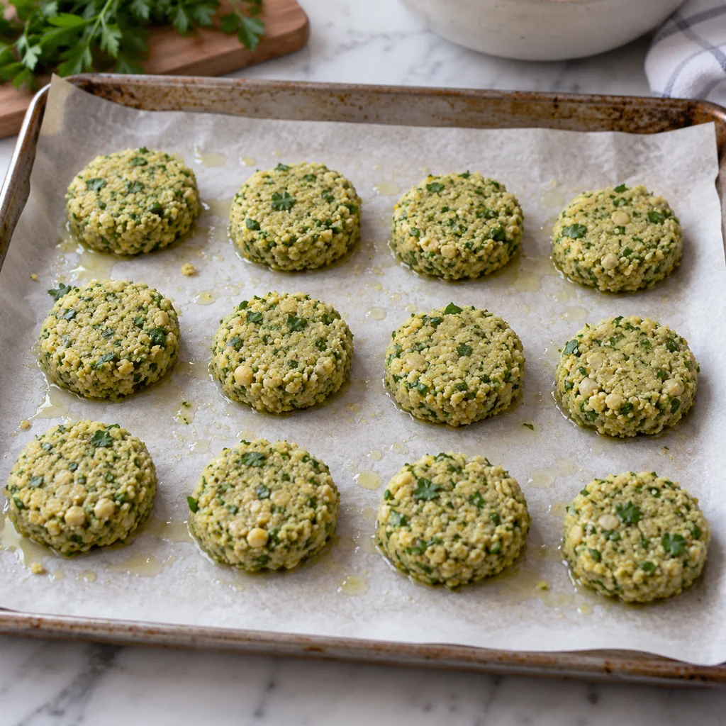 Twelve unbaked chickpea and herb falafel patties on a parchment-lined baking sheet