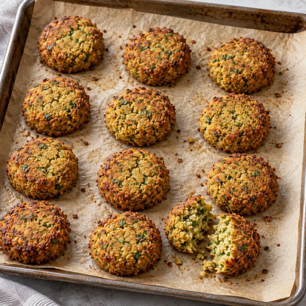 Golden baked falafel patties on parchment with one broken open to show the soft center
