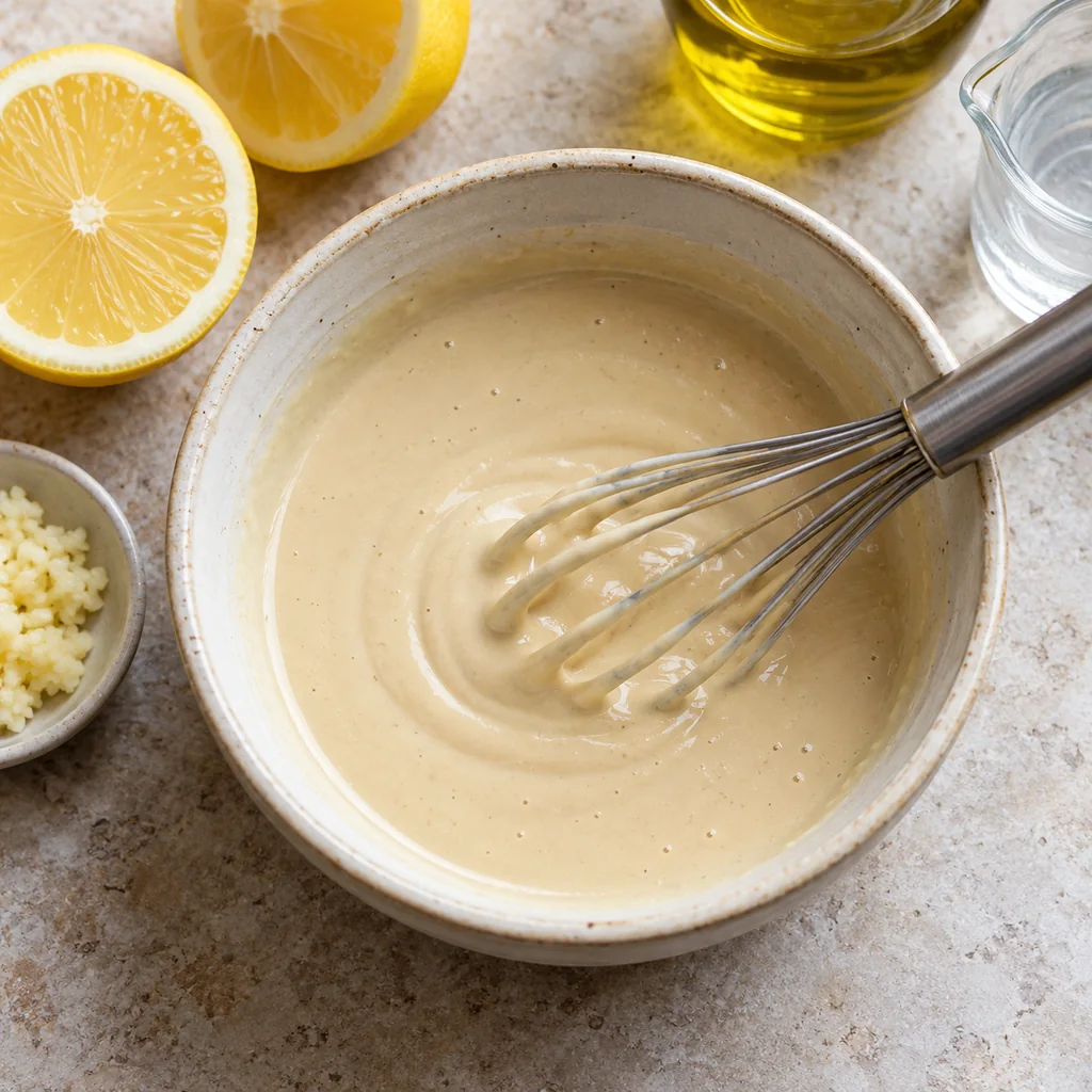 Creamy tahini and lemon sauce being whisked in a ceramic bowl