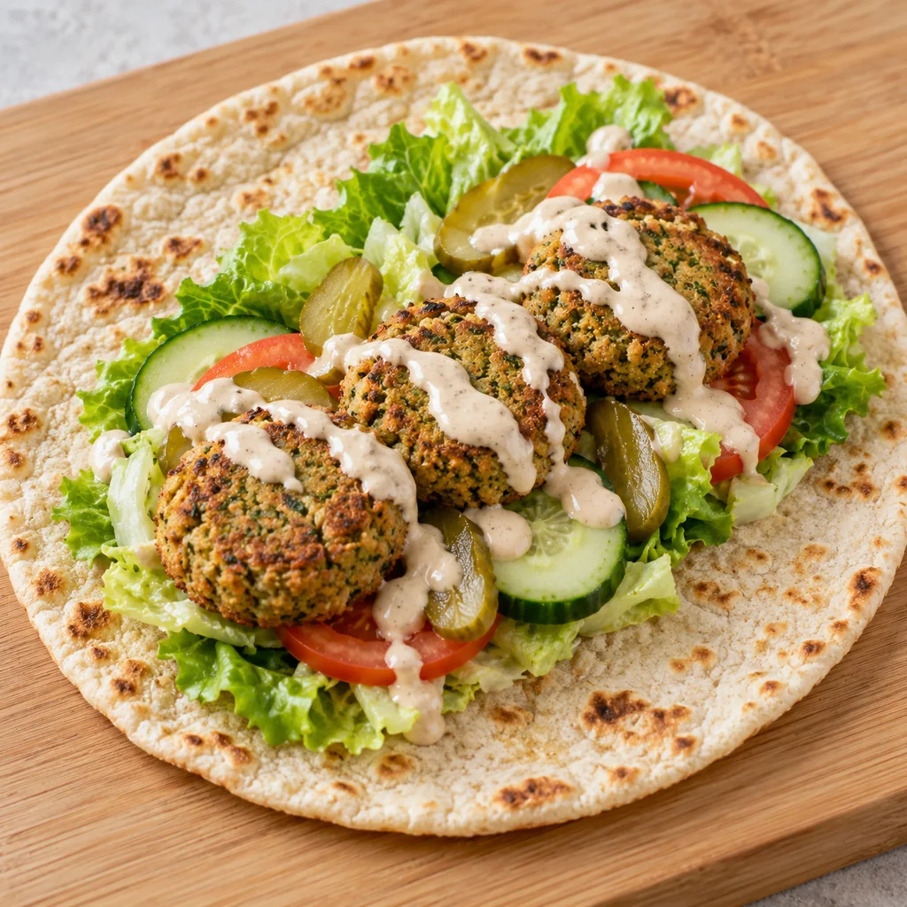 Open flatbread filled with baked falafel, cucumber, tomato, lettuce, pickles and tahini sauce