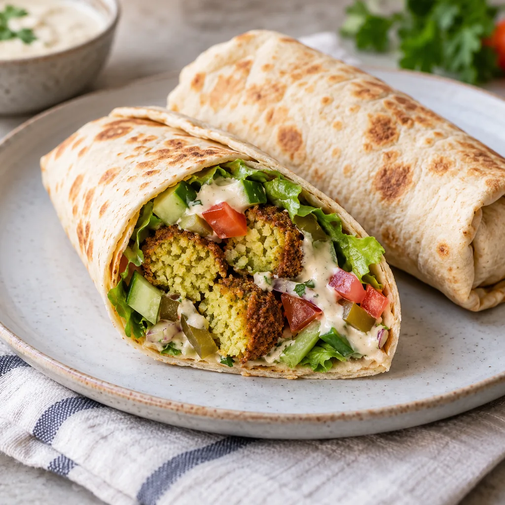 Folded baked falafel wrap with chickpea patties, vegetables and tahini visible in the cut end