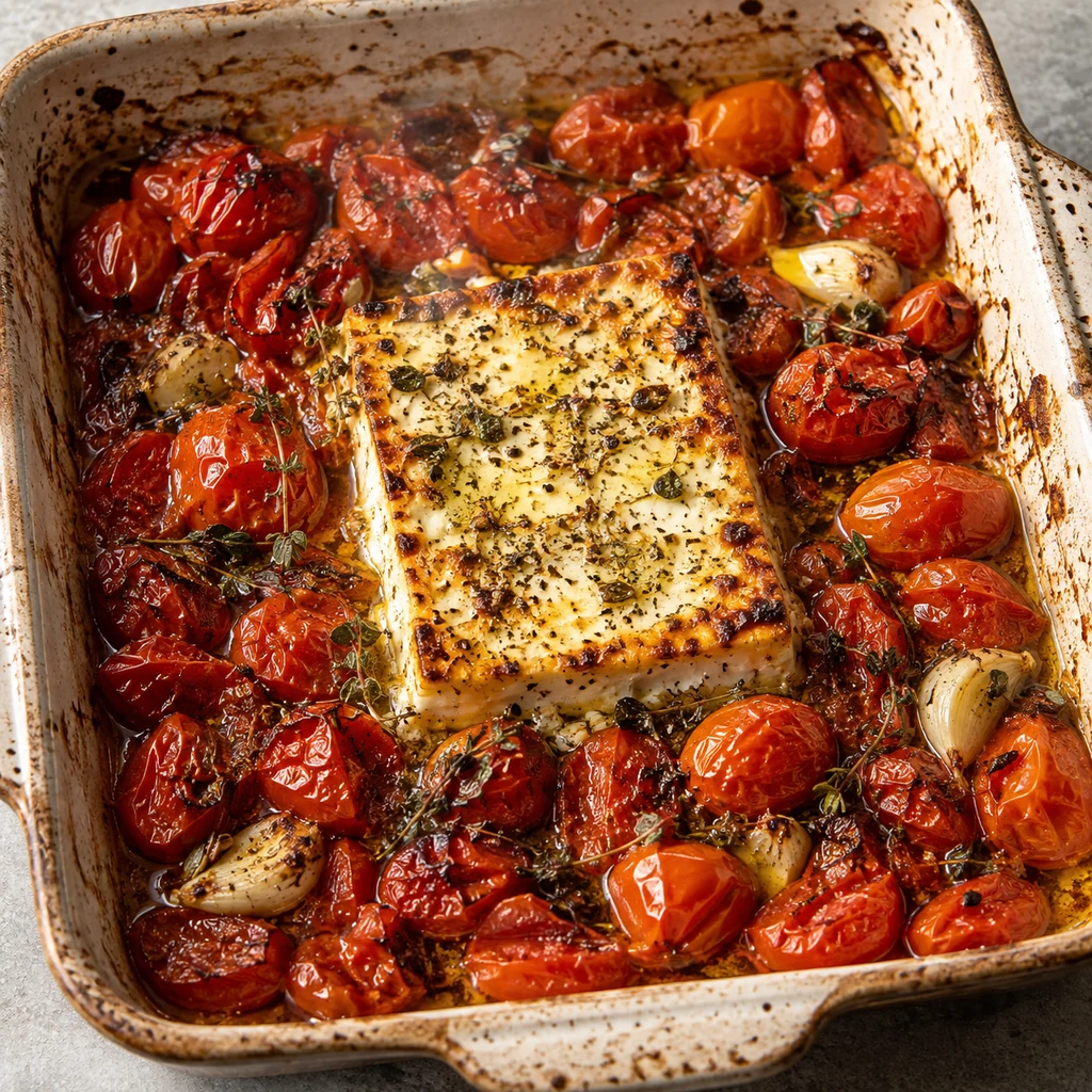 Golden baked feta surrounded by blistered roasted cherry tomatoes and herbs