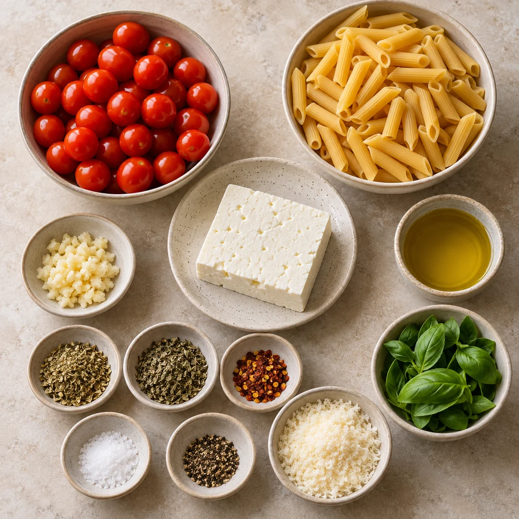 Feta, cherry tomatoes, short pasta, olive oil, garlic, herbs, Parmesan and basil