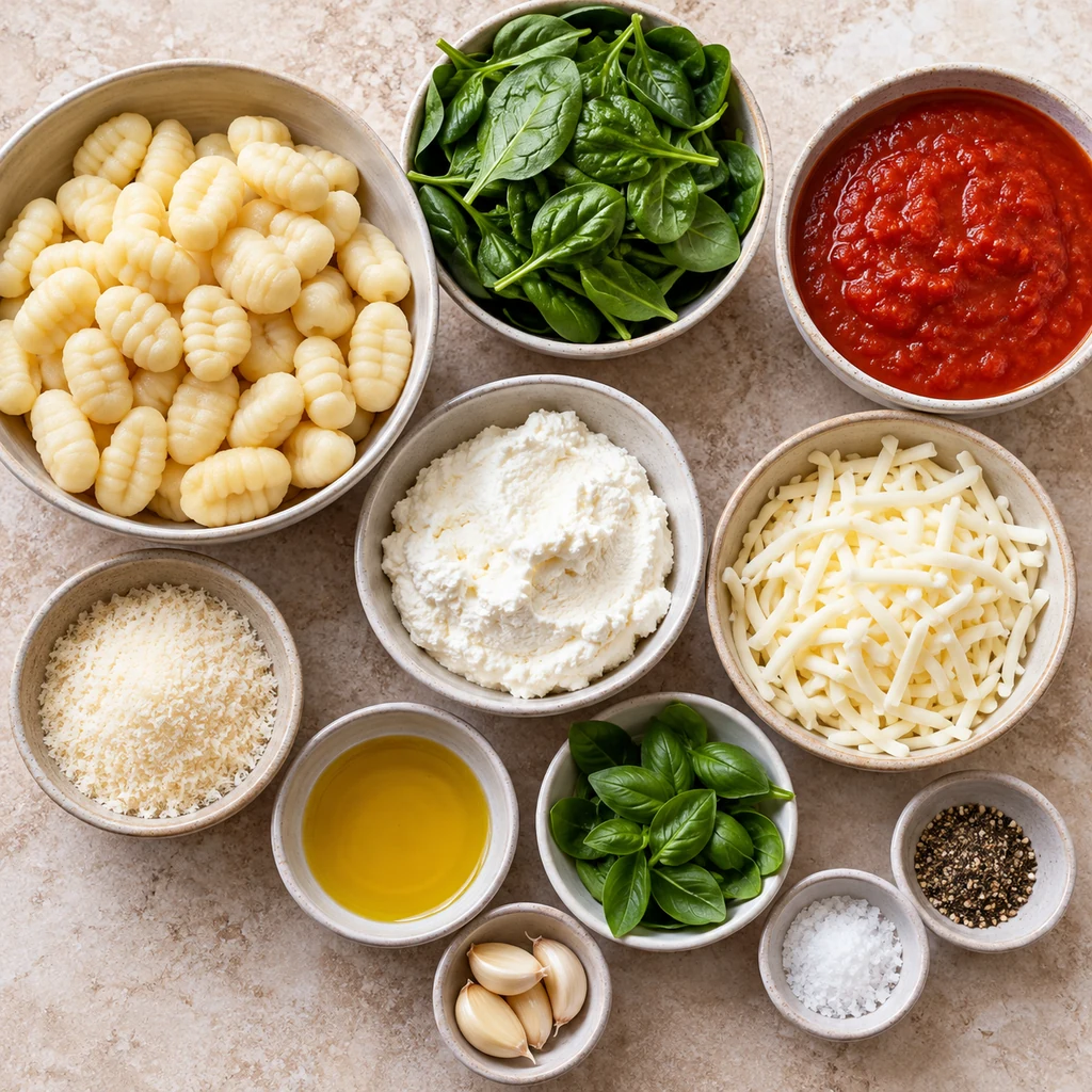 Potato gnocchi, spinach, marinara, ricotta, mozzarella, Parmesan, olive oil, garlic and basil