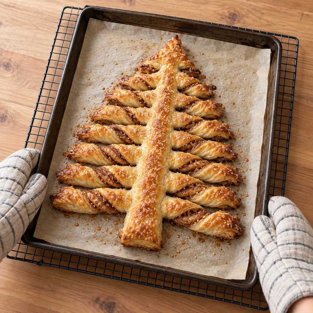 Golden cinnamon sugar puff pastry Christmas tree cooling on a baking sheet and wire rack