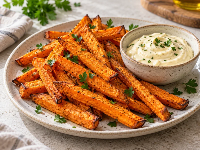 Baked sweet potato fries with garlic aioli and parsley on a ceramic platter